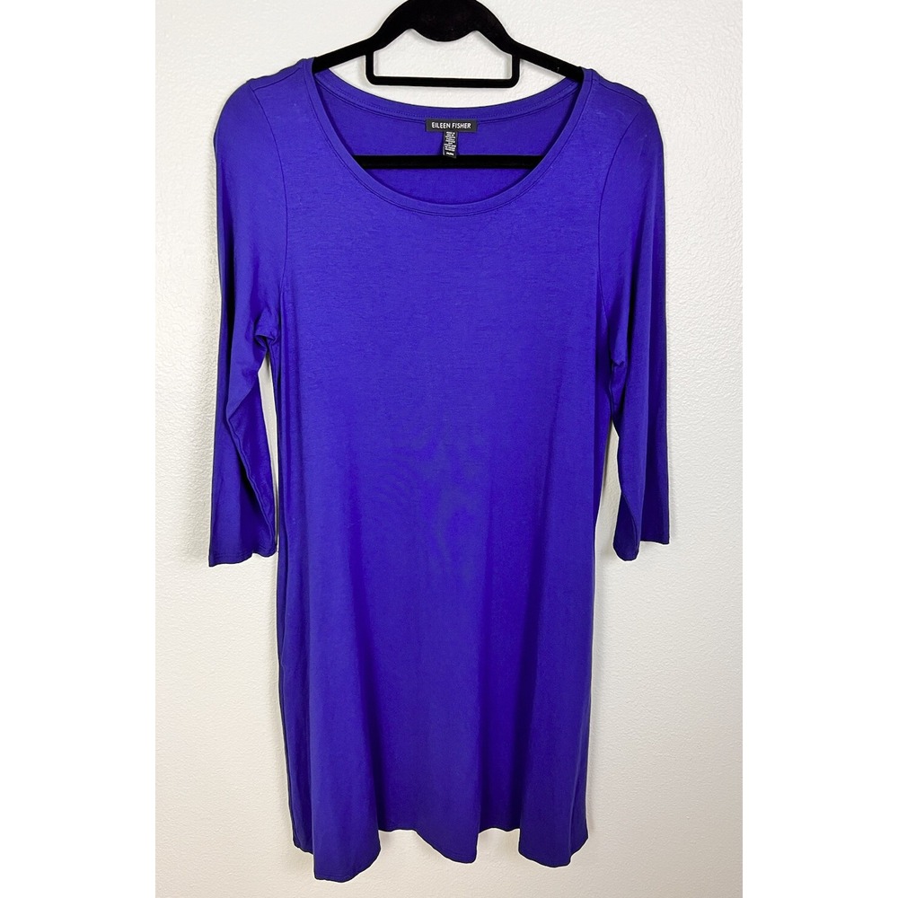 EILEEN FISHER Scoop Neck 3/4 Sleeve Swing Blue Knit Dress Sz Medium